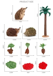 Detailed dimensions of miniature hedgehog models, palm trees, and assorted vegetable garden kits