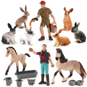 Detailed farm animal figurine set with realistic rabbits, horses, and workers on white background