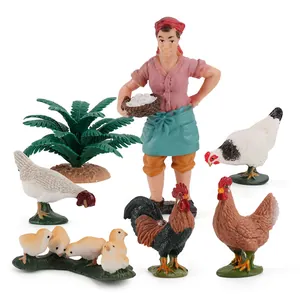 Realistic farm animal set with farmer figurine, chickens, and miniature plant models