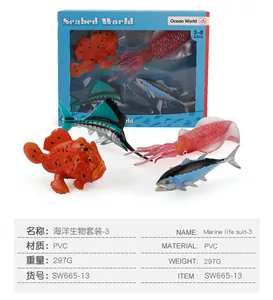 Detailed PVC marine animal toy set including squid and swordfish in a display box