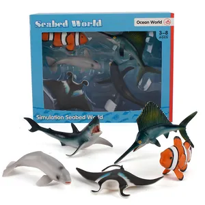 Realistic marine animal toy set including shark and whale models in blue window display box