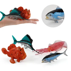 Realistic marine animal model set featuring swordfish and squid on a white background