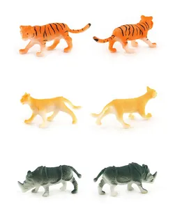 Detailed views of miniature tiger, lioness and rhino plastic animal model figurines