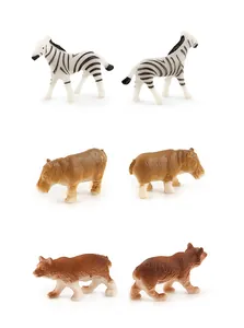Detailed views of realistic zebra, hippo, and bear animal figurines on white background