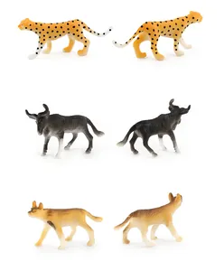 Detailed side view of mini wild animal models including leopard and wildebeest figurines