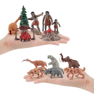 Prehistoric animal set with saber-toothed tiger and humans on white background