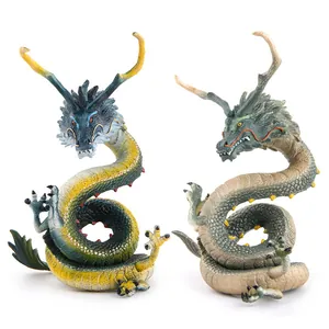 Ancient Chinese mythical Azure Dragon figurine statues in green and colorful resin detail