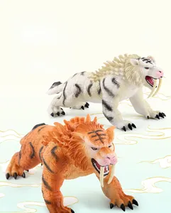 Detailed close-up of saber-toothed tiger models with realistic fur texture and sharp fangs
