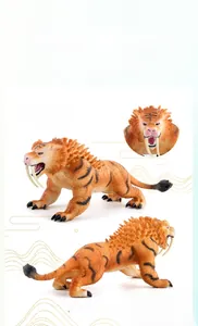 Saber-toothed tiger toy model in yellow finish with black stripes, size 20.5x8.5x9cm