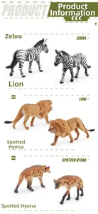Detailed realistic wild animal figures including zebra, lion and spotted hyena models