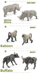 Detailed views of realistic white rhino, baboon, and buffalo animal figurines for kids
