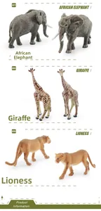 Realistic toy models of African elephant, giraffe, and lioness with detailed textures