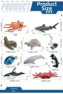 Detailed size chart for 10 sea animal toy models with precise length and height measurements