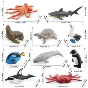 Marine animal figurine set with size details for octopus, shark, and dolphin toys