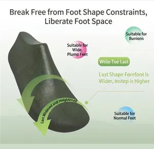 Detailed view of the wide-toe shoe last with enlarged forefoot and high instep design