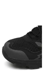 Detail of breathable mesh upper and reinforced rubber toe cap on outdoor hiking shoes