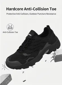 Detail view of anti-collision toe cap and mesh fabric on black outdoor hiking shoes
