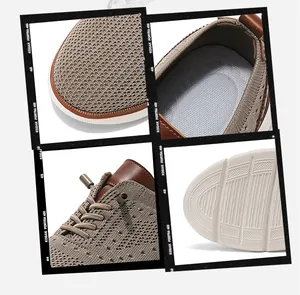 Details von Khaki-Strickgewebe mit Lederbesatz und rutschfester Gummisohle am Schuh