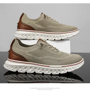 Macro shot of khaki breathable knit fabric with brown faux leather brogue heel detail
