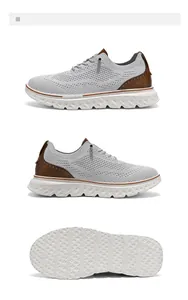 Detailansicht graue Mesh-Sneaker mit braunem Lederbesatz und rutschfester weißer Sohle
