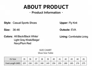 Size guide table for breathable slip-on sneakers showing foot length in millimeters