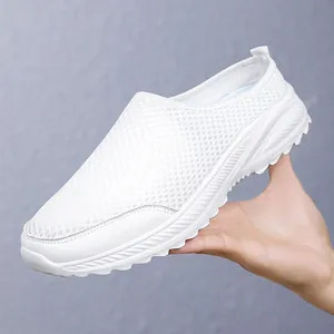 Ultra-light breathable white mesh slip-on sneakers with anti-slip thick rubber soles
