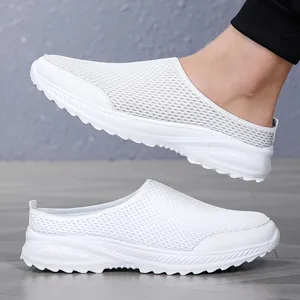 Lightweight white mesh mule sneakers for men with breathable honeycomb upper and EVA sole