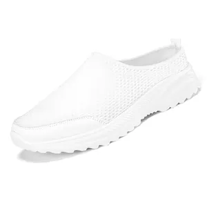 White breathable mesh slip-on sneakers for men with non-slip rubber soles in 45-degree view