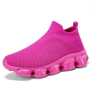 Rose red breathable fly-knit slip-on sneakers with cushioned hollow wave sole