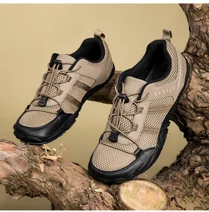 Detail view of khaki quick-lace water shoes with mesh fabric and anti-slip rubber outsole