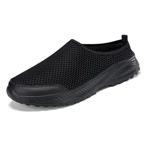 Lightweight black mesh slip-on sneakers with breathable upper and thick sole
