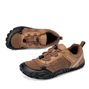 Detail of tan outdoor water shoes featuring breathable mesh and quick-lace system