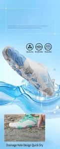 Detailed view of quick-dry drainage holes on the sole of amphibious water shoes