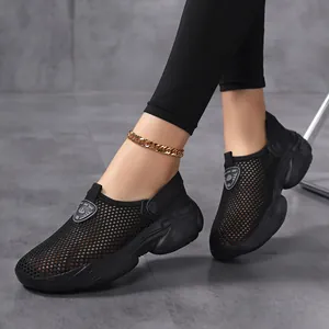 Women's black platform mesh slip-on sandals with breathable knit and non-slip sole