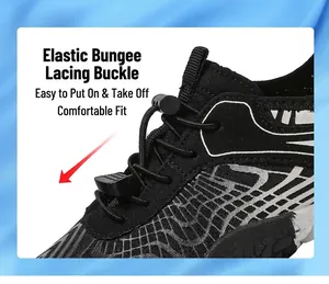 Detail of adjustable elastic lace lock system on black breathable mesh water shoes