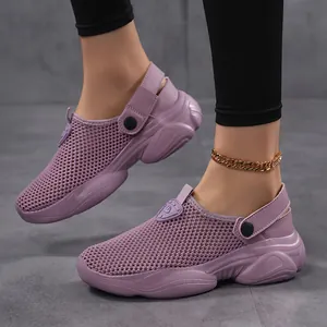 Breathable purple mesh platform sandals for women with adjustable backstrap and thick sole