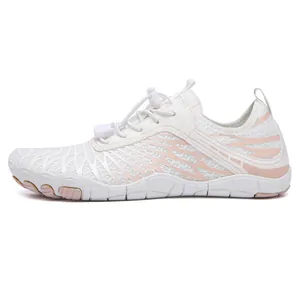 White breathable mesh wading shoes with pink stripes and elastic toggle laces