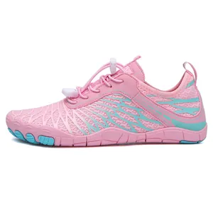 Pink and mint green outdoor wading shoes with quick-lace system and breathable mesh