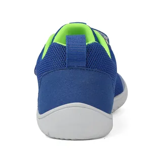 Rear view detail of wide-toe toddler shoes featuring mesh fabric and soft rubber soles