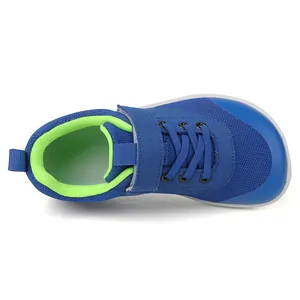 Detailed top view of breathable royal blue toddler shoes with wide toe box and mesh