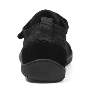 Rear view of children's wide-toe athletic shoes with velcro strap and pull tab