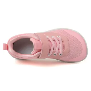 Top view of pink breathable mesh wide toe box toddler shoes with velcro strap closure