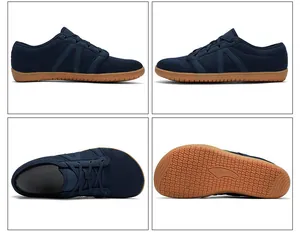 Vue détaillée sous quatre angles de chaussures pieds nus bleu marine avec maille respirante