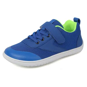 Blue breathable mesh children's wide-toe sneakers with fluorescent green lining and velcro strap