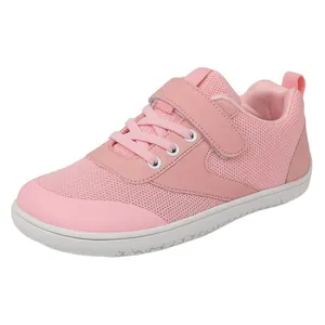Pink breathable kids sneakers with mesh upper and hook-and-loop strap closure