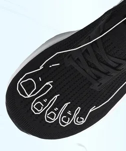 Detailed view of the breathable mesh upper and wide toe box design on black sneakers
