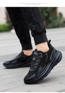 Macro view of black mesh running shoe with leather overlays and thick cushioned sole