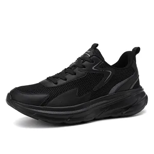 Men's lightweight black breathable mesh running shoes with shock absorbing sole