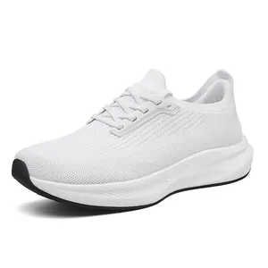 White breathable mesh running sneakers with thick sole and stylish lace-up design for unisex