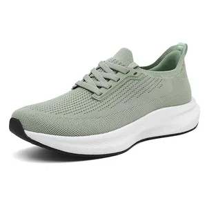 Light green breathable mesh knit sneakers with thick white cushioned sole for men and women